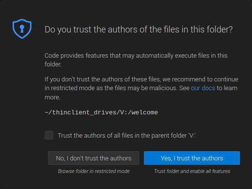 VS Code - Do you trust the authors? prompt